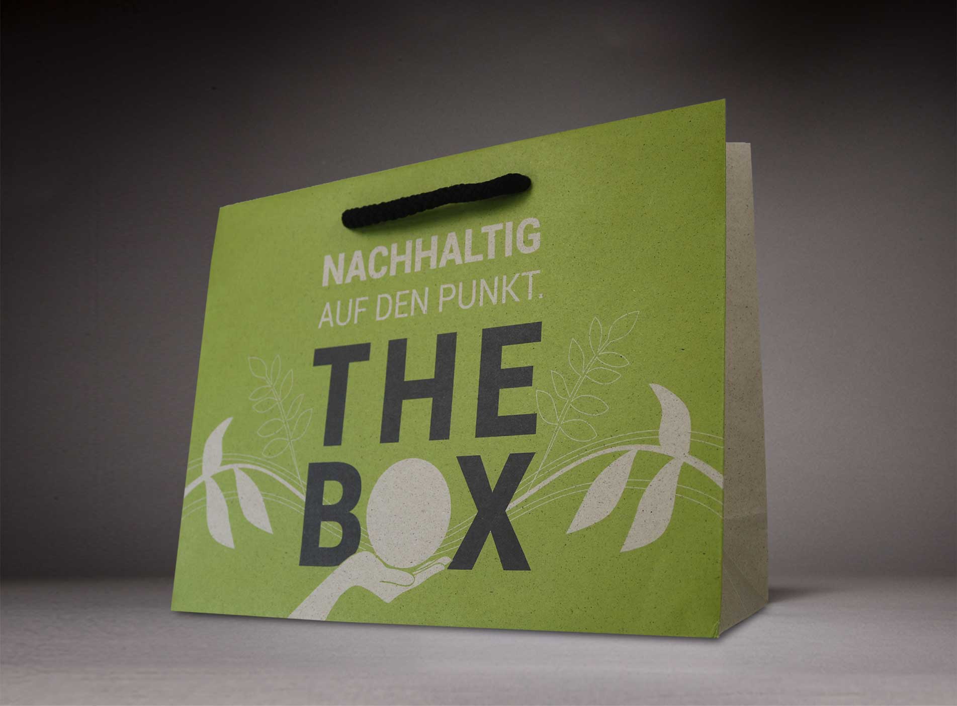 Umweltfreundliche Papiertasche aus Graspapier bedruckt Motiv THE BOX